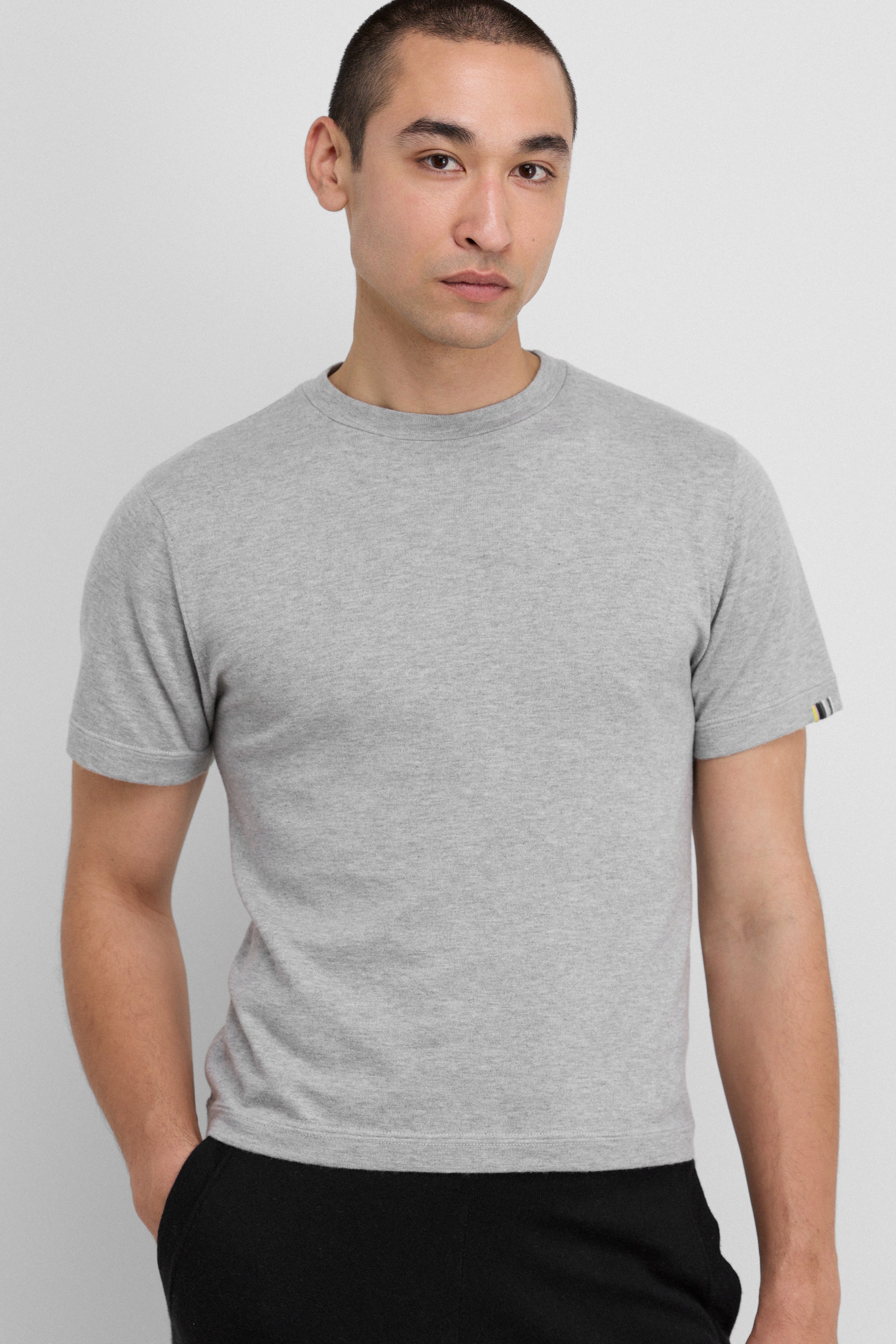 man wearing a grey short-sleeved cotton cashmere crewneck t-shirt.