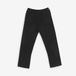 dark grey cashmere pants with straight legs, drawstring waist and side pockets, laid flat.