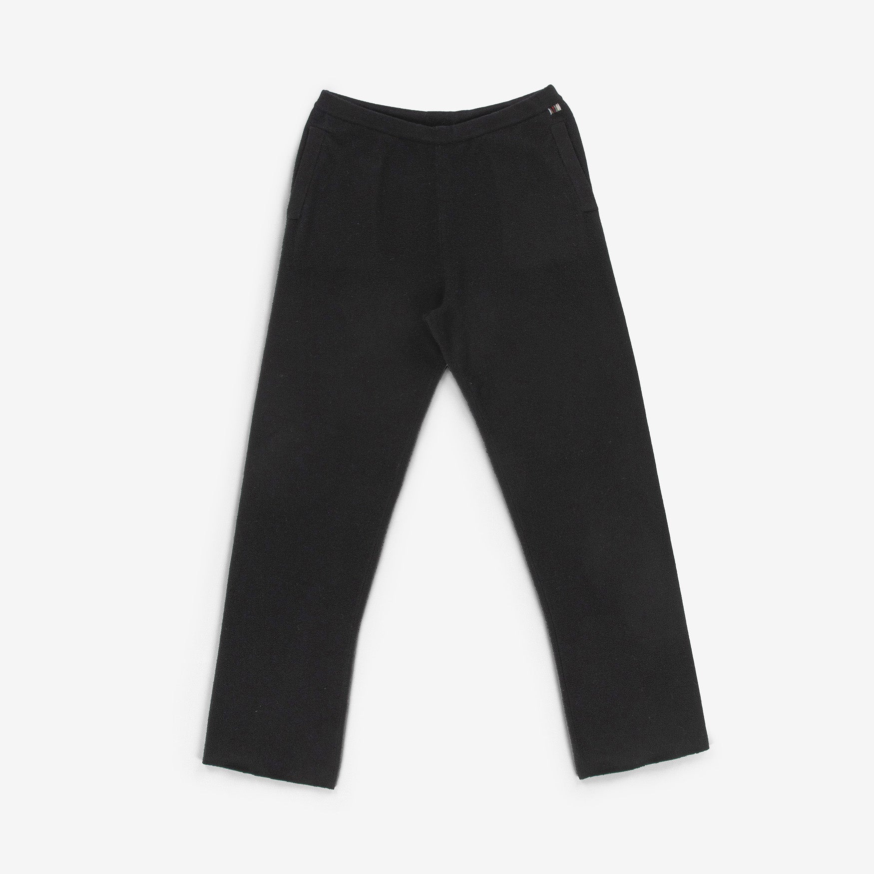 dark grey cashmere pants with straight legs, drawstring waist and side pockets, laid flat.