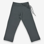 dark grey rib-knit cashmere pants with a drawstring waist and straight legs, laid flat.