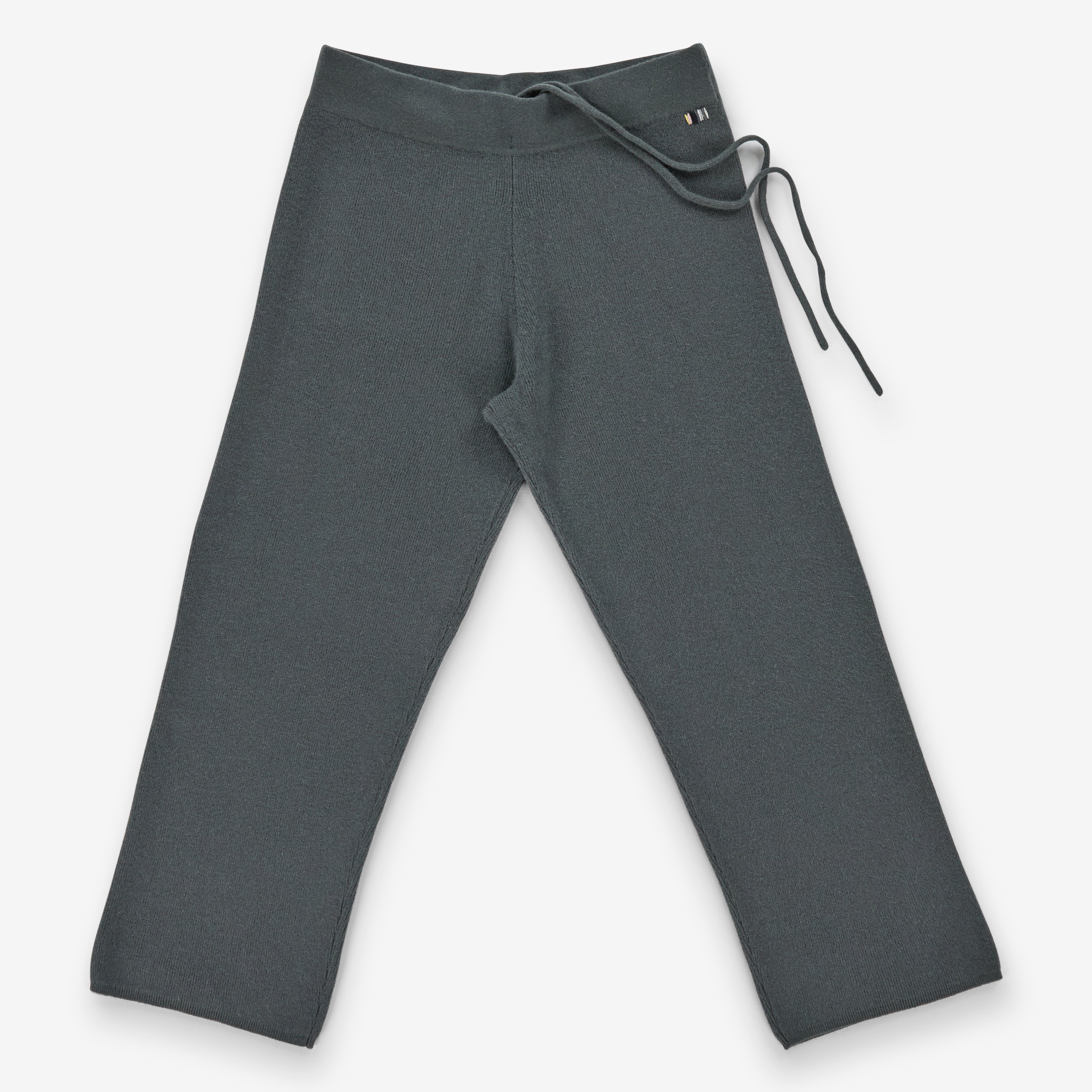 dark grey rib-knit cashmere pants with a drawstring waist and straight legs, laid flat.